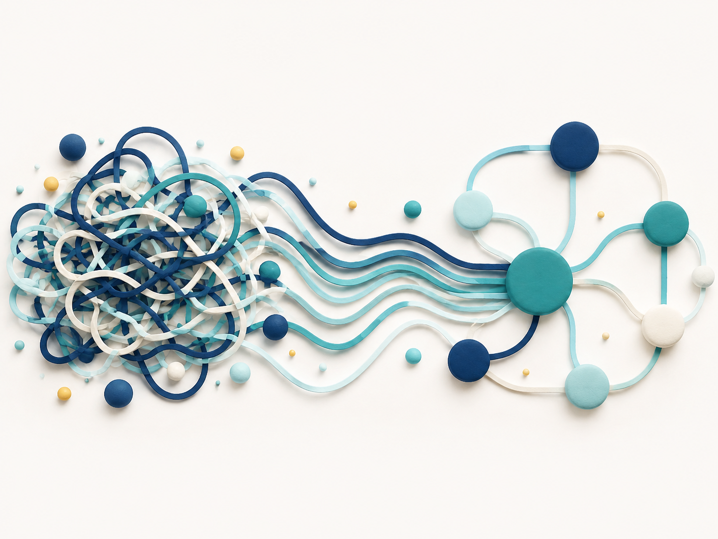 Abstract navy and teal paths moving from a tangle into a clear connected workflow